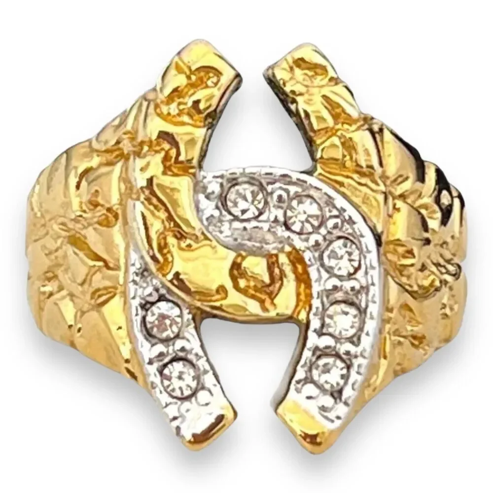 Vintage 1980s Ring Size 9 Horseshoe Nugget Textured CZ Gold Plated - 14P